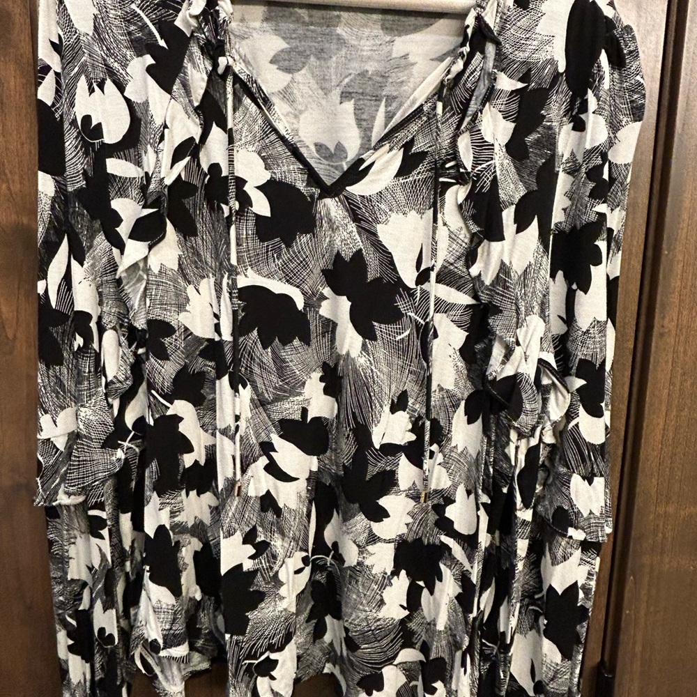 Ralph Lauren Black and White Floral Tie-Neck Tunic